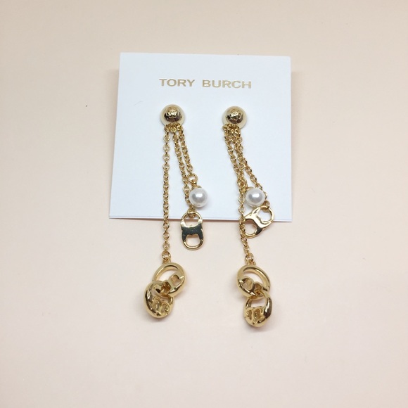 NWT Tory Burch Pearl Tassels Logo Earrings - Picture 4 of 5